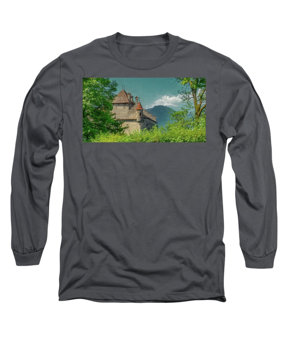 Chateau Chillon Long Sleeve T-Shirt featuring the photograph Chateau Chillon, Painterly by Marcy Wielfaert