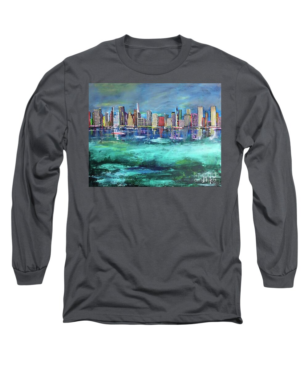  Long Sleeve T-Shirt featuring the painting Chicago Skyline by Maria Karlosak
