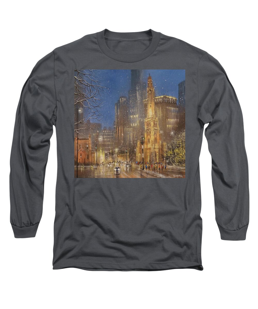 Snow Scene Long Sleeve T-Shirt featuring the painting Chicago Water Tower by Tom Shropshire