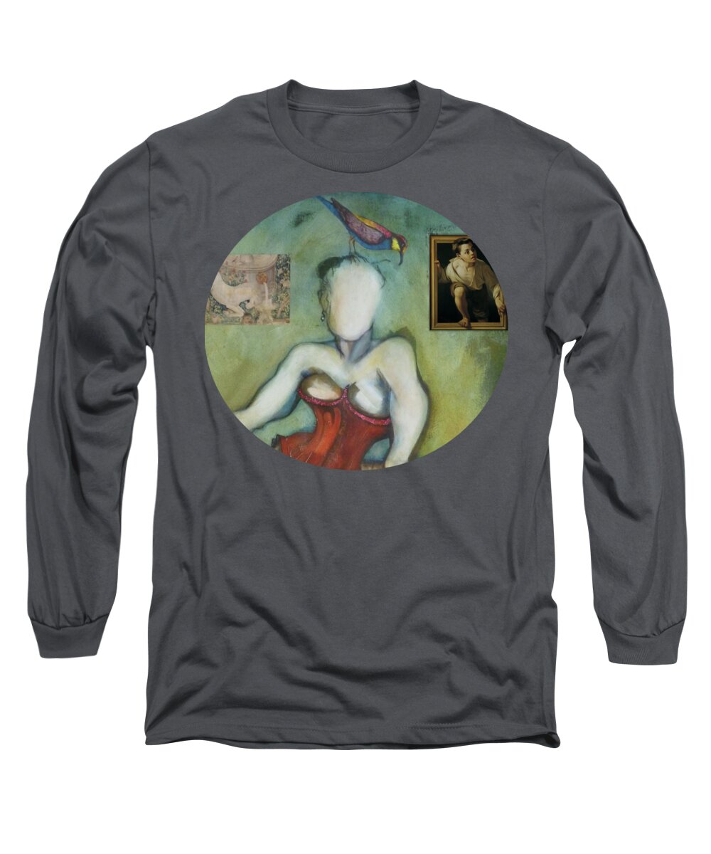 Burlesque Long Sleeve T-Shirt featuring the painting Chin Chin With an Imaginary Bird on Her Head by Carolyn Weltman