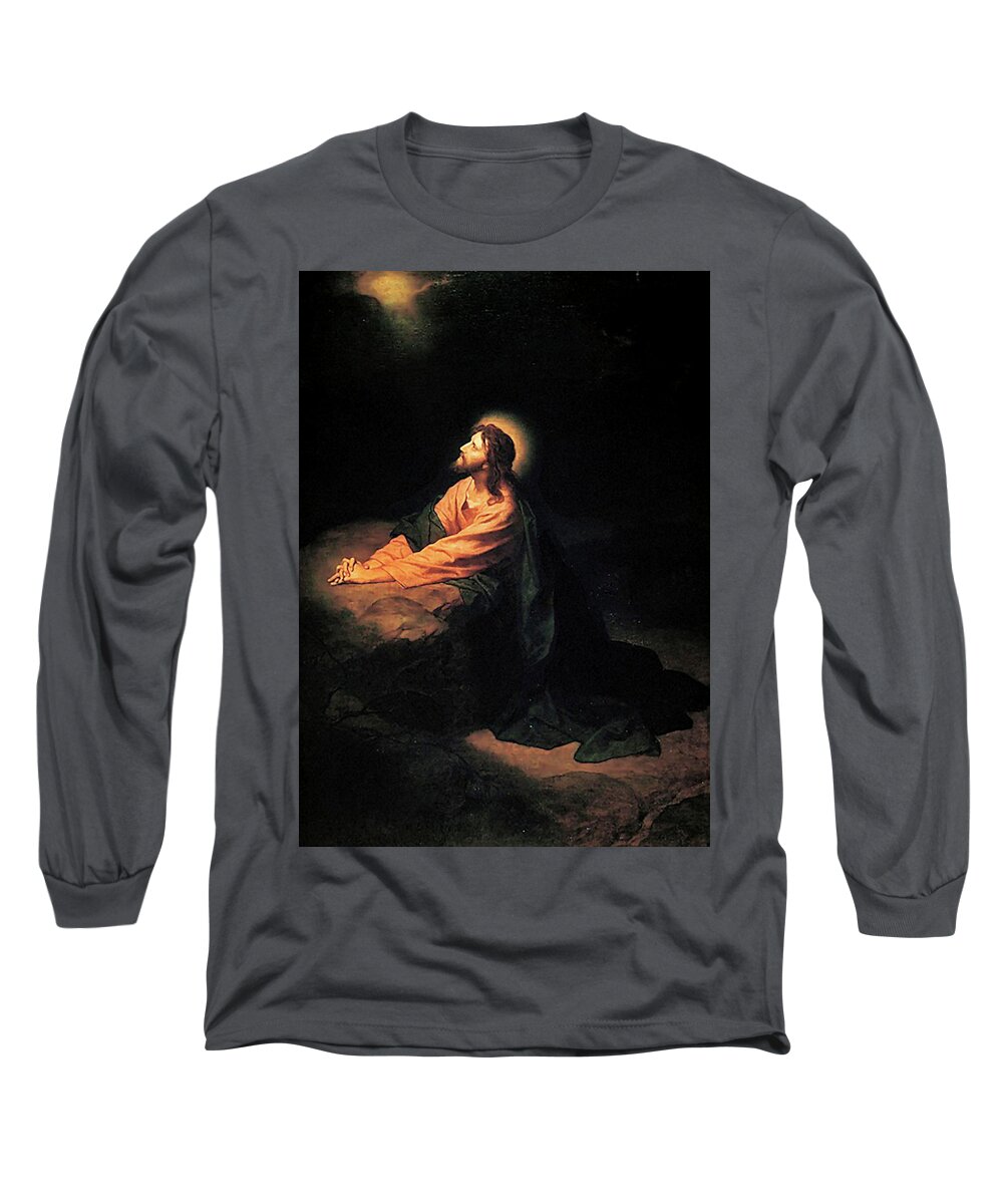 Heinrich Hofmann Long Sleeve T-Shirt featuring the painting Christ in Gethsemane by Heinrich Hofmann