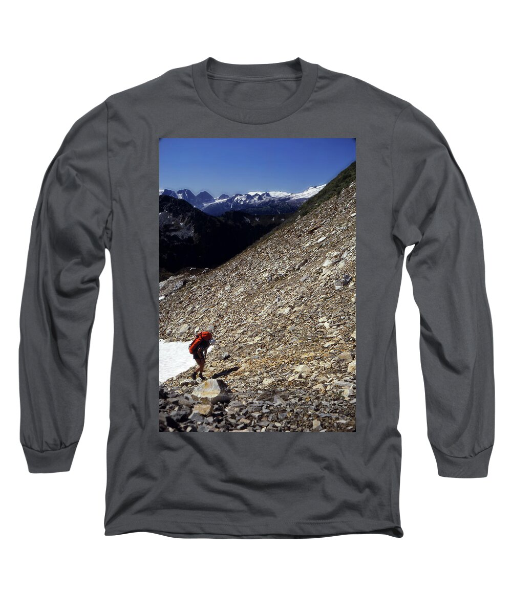 Hills Long Sleeve T-Shirt featuring the photograph Climber on scree in the North Cascades by Steve Estvanik