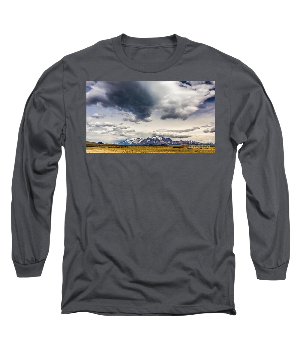 Mountain Long Sleeve T-Shirt featuring the photograph Clouds over Torres del Paine National Park, Chile by Lyl Dil Creations