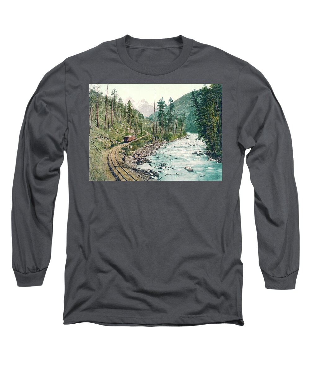 Colorado Long Sleeve T-Shirt featuring the photograph Colorado Needle Mountains, Canon of the Rio Ias Animus by Detroit Photographic Company