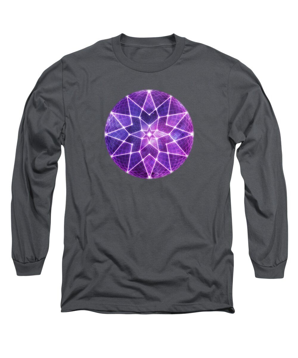 Seed Of Life Long Sleeve T-Shirt featuring the digital art Cosmic Purple Geometric Seed of Life Crystal Lotus Star Mandala by Laura Ostrowski
