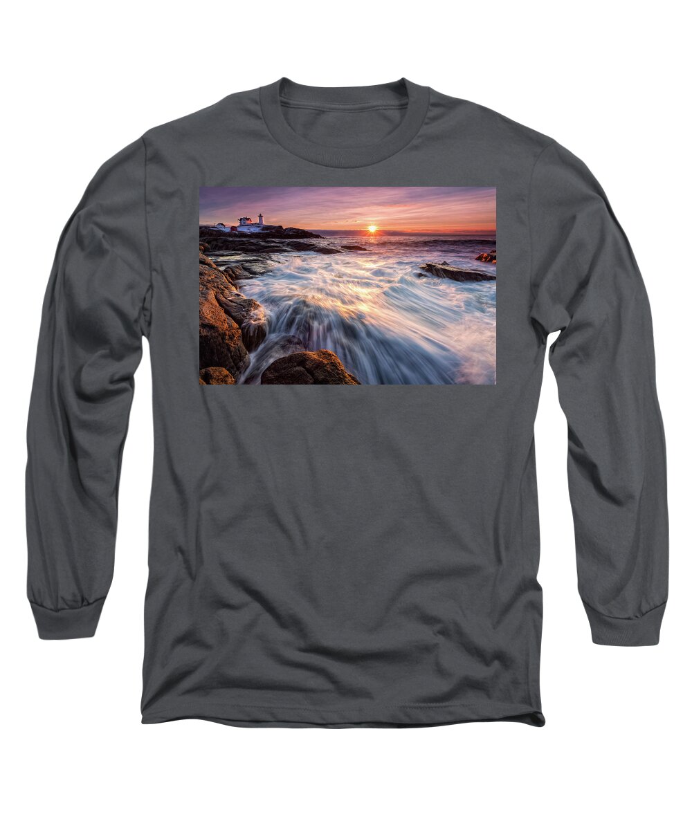Amazing New England Long Sleeve T-Shirt featuring the photograph Crashing Waves at Sunrise, Nubble Light. by Jeff Sinon