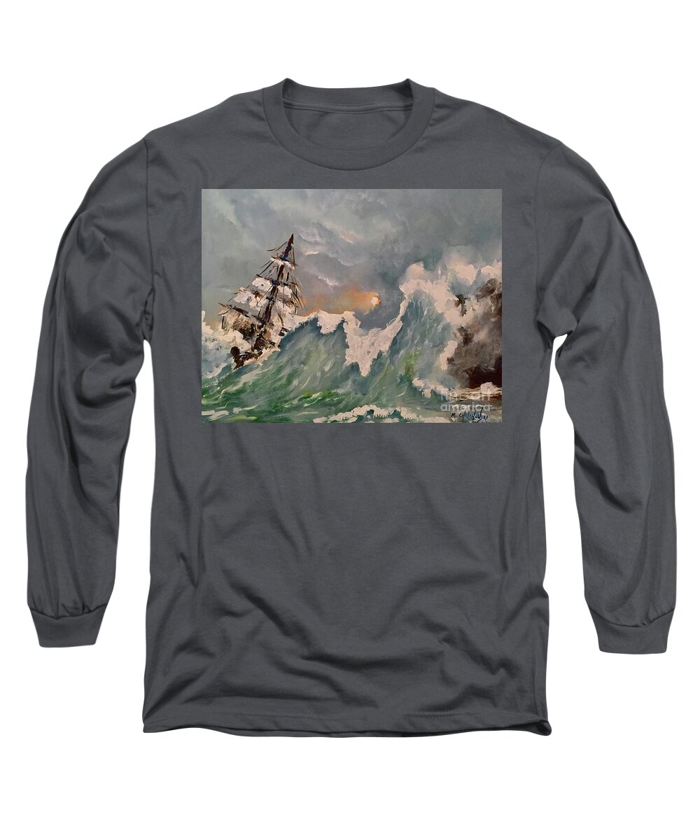 Crashing Waves Thunderstorm Ocean Water Sea Wave Ship Clouds Cloudy Acrylic Painting Blue Sunset Evening Seascape Long Sleeve T-Shirt featuring the painting Crashing Waves by Miroslaw Chelchowski