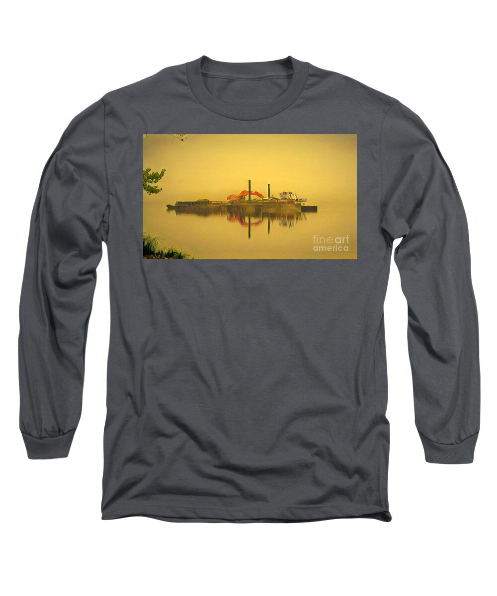 Mississippi River Long Sleeve T-Shirt featuring the painting Dredge in the Early Morning Fog by Marilyn Smith