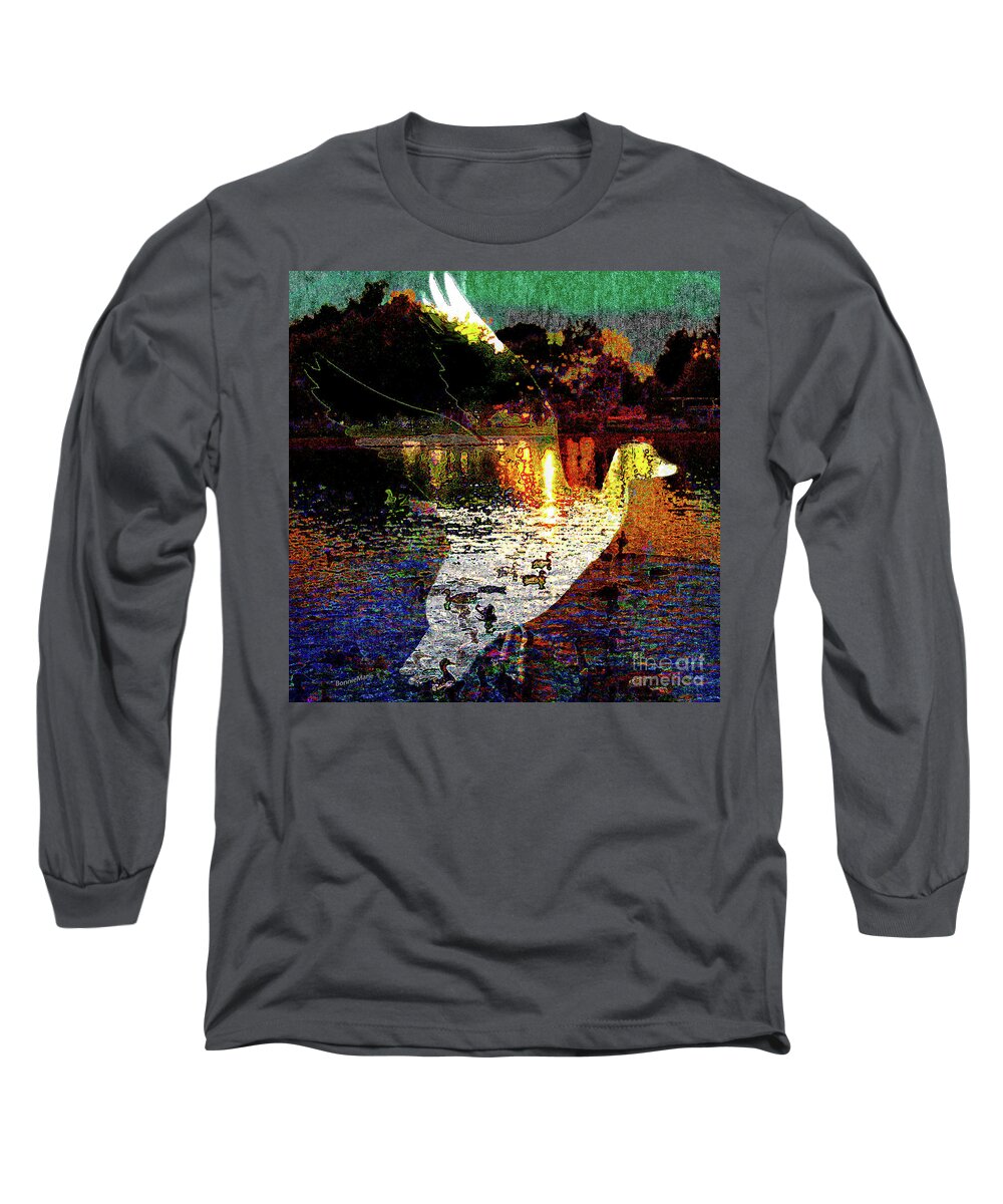 Duckpond Long Sleeve T-Shirt featuring the painting Duckpond at Dusk.flight over lake by Bonnie Marie