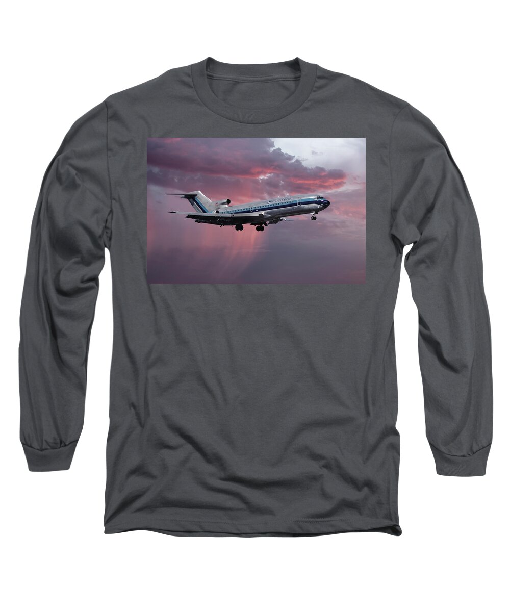 Eastern Airlines Long Sleeve T-Shirt featuring the photograph Eastern Boeing 727-225 Landing in a Winter Storm Sunset by Erik Simonsen