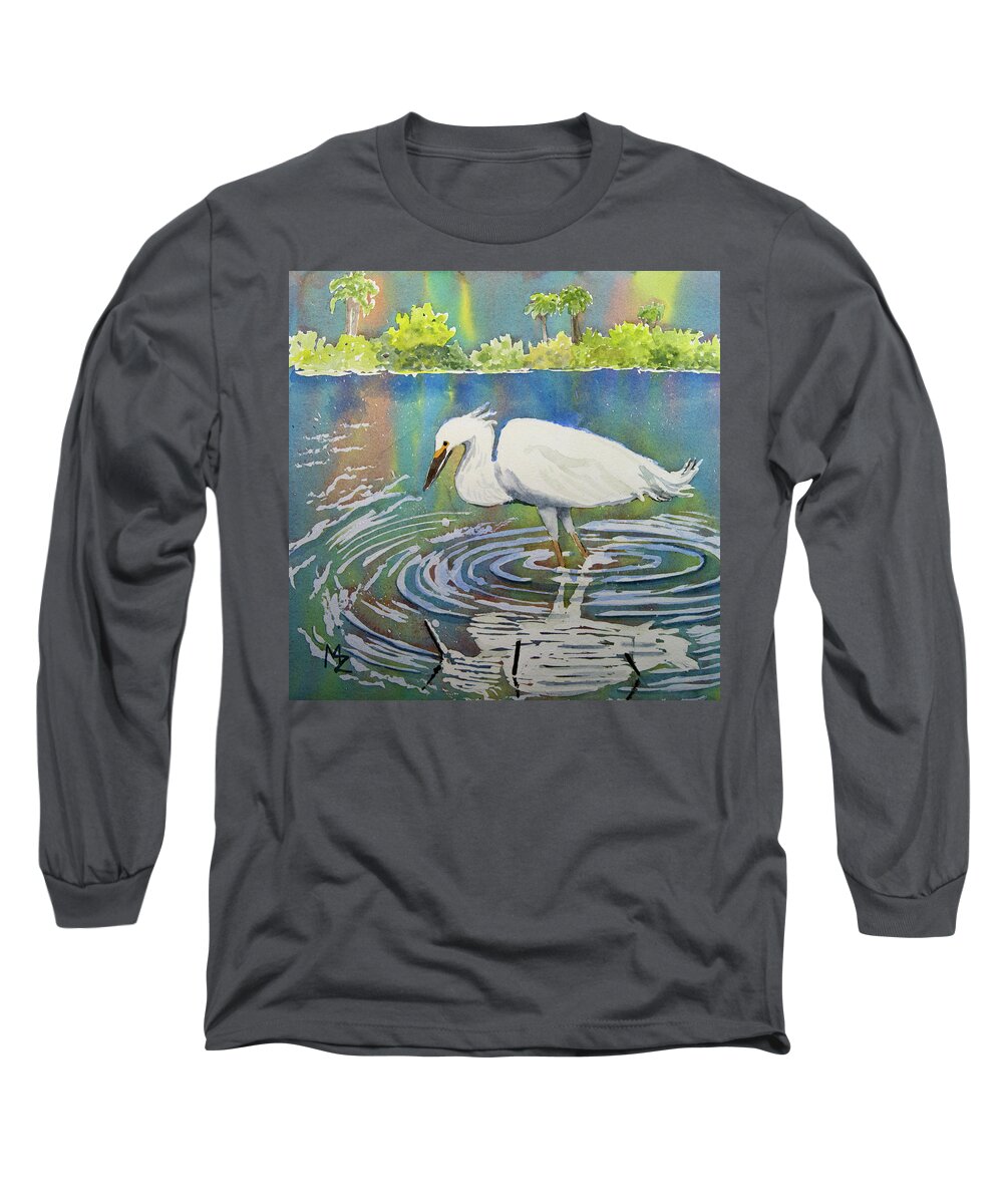 Egret Long Sleeve T-Shirt featuring the painting Egret in a World of Color by Margaret Zabor