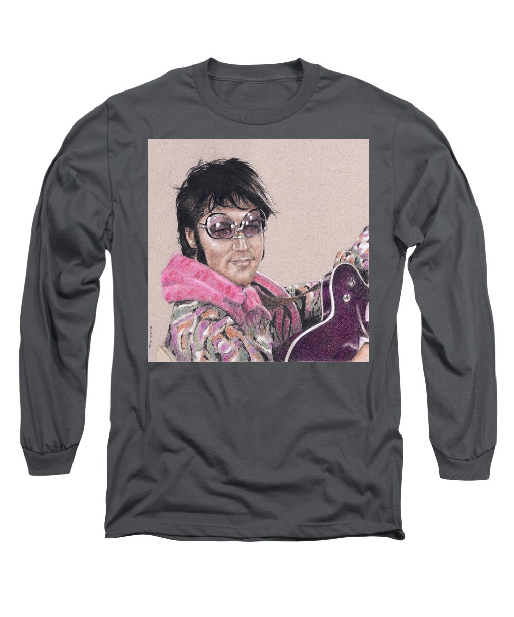 Elvis Long Sleeve T-Shirt featuring the drawing Elvis in Charcoal #208 by Rob De Vries