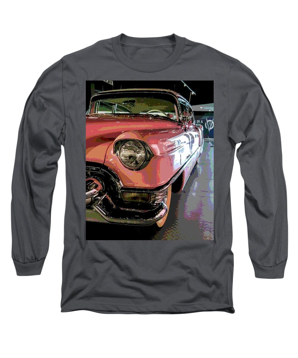 Elvis Presley Long Sleeve T-Shirt featuring the mixed media Elvis Presley's 1955 Pink Cadillac by Teresa Trotter