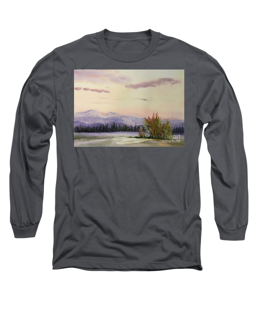 Watercolor Painting Long Sleeve T-Shirt featuring the painting Evening in the Mountains by Watercolor Meditations