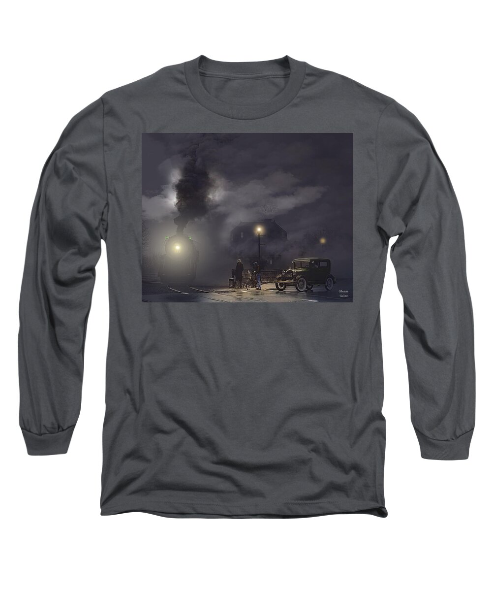 Steam Locomotive Long Sleeve T-Shirt featuring the painting Fast Freight On A Foggy Night by Glenn Galen