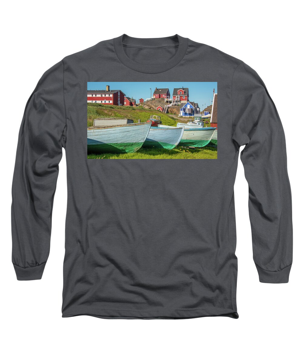 Arctic Long Sleeve T-Shirt featuring the photograph Greenland Fishing Boats by Minnie Gallman