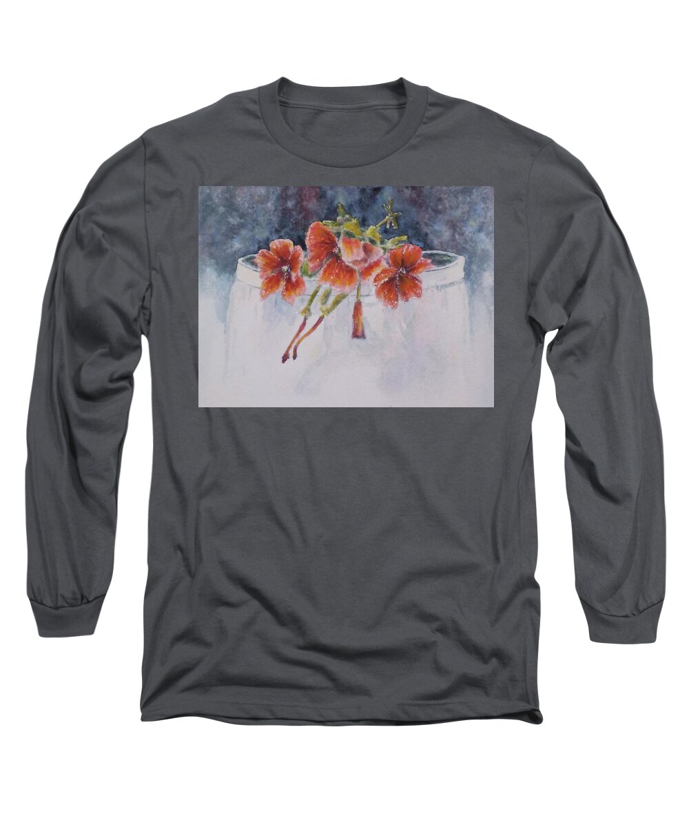 These Bright Petunias Cascading Over An Old Barrel Caught My Eye. I Decided To Vignette The Bottom Of The Painting In Order To Draw More Attention Toward The Top. Long Sleeve T-Shirt featuring the painting Flower Barrel by Carolyn Rosenberger