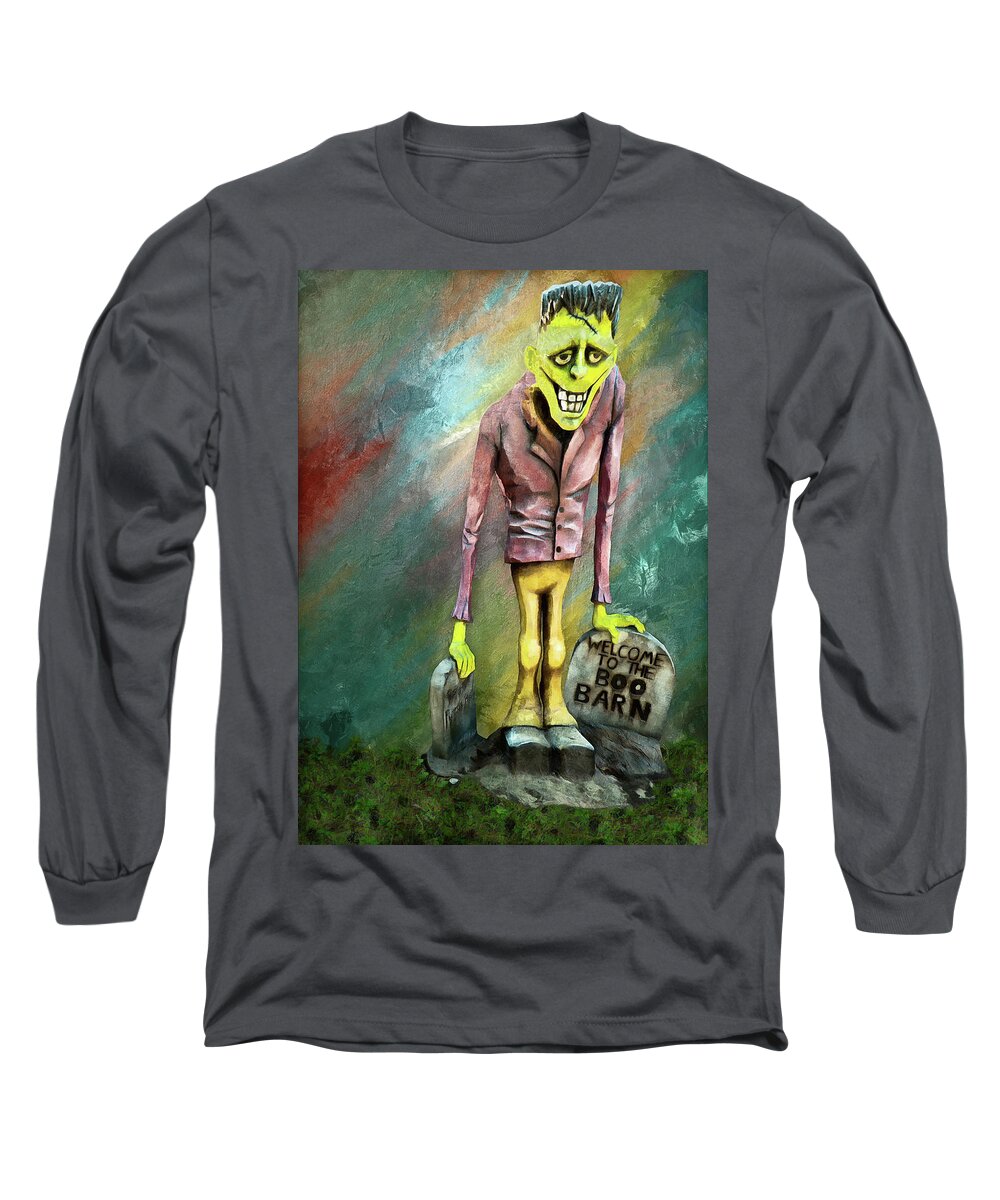 Frankenstein Long Sleeve T-Shirt featuring the digital art Frankie At The Boo Barn by Leslie Montgomery