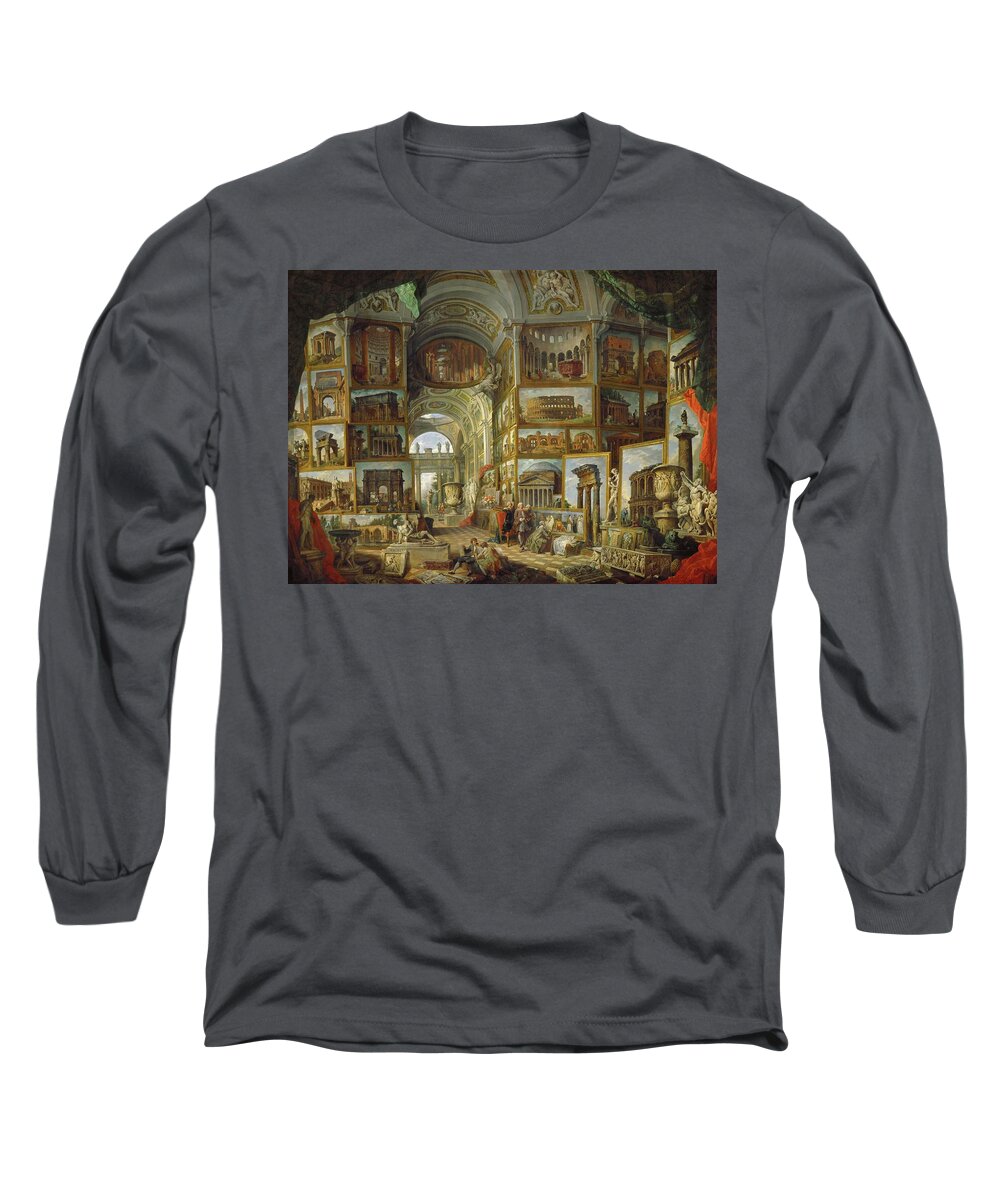Giovanni Paolo Pannini Long Sleeve T-Shirt featuring the painting Galerie de vues de la Rome antique, painted 1756-57 for the Duc de Choiseul. by Giovanni Paolo Pannini Giovanni Paolo Pannini