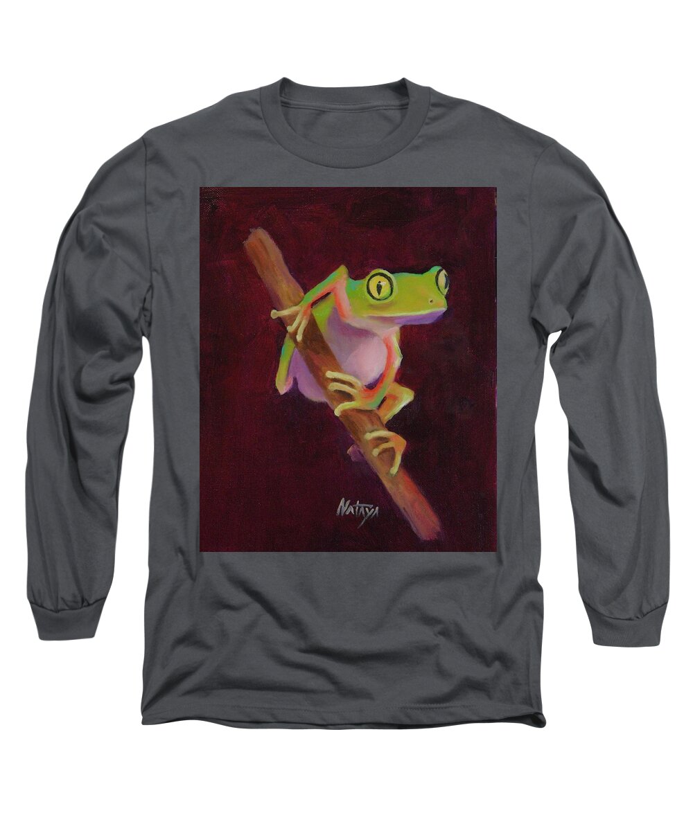 Tree Frog Long Sleeve T-Shirt featuring the painting Gato Eyes by Nataya Crow