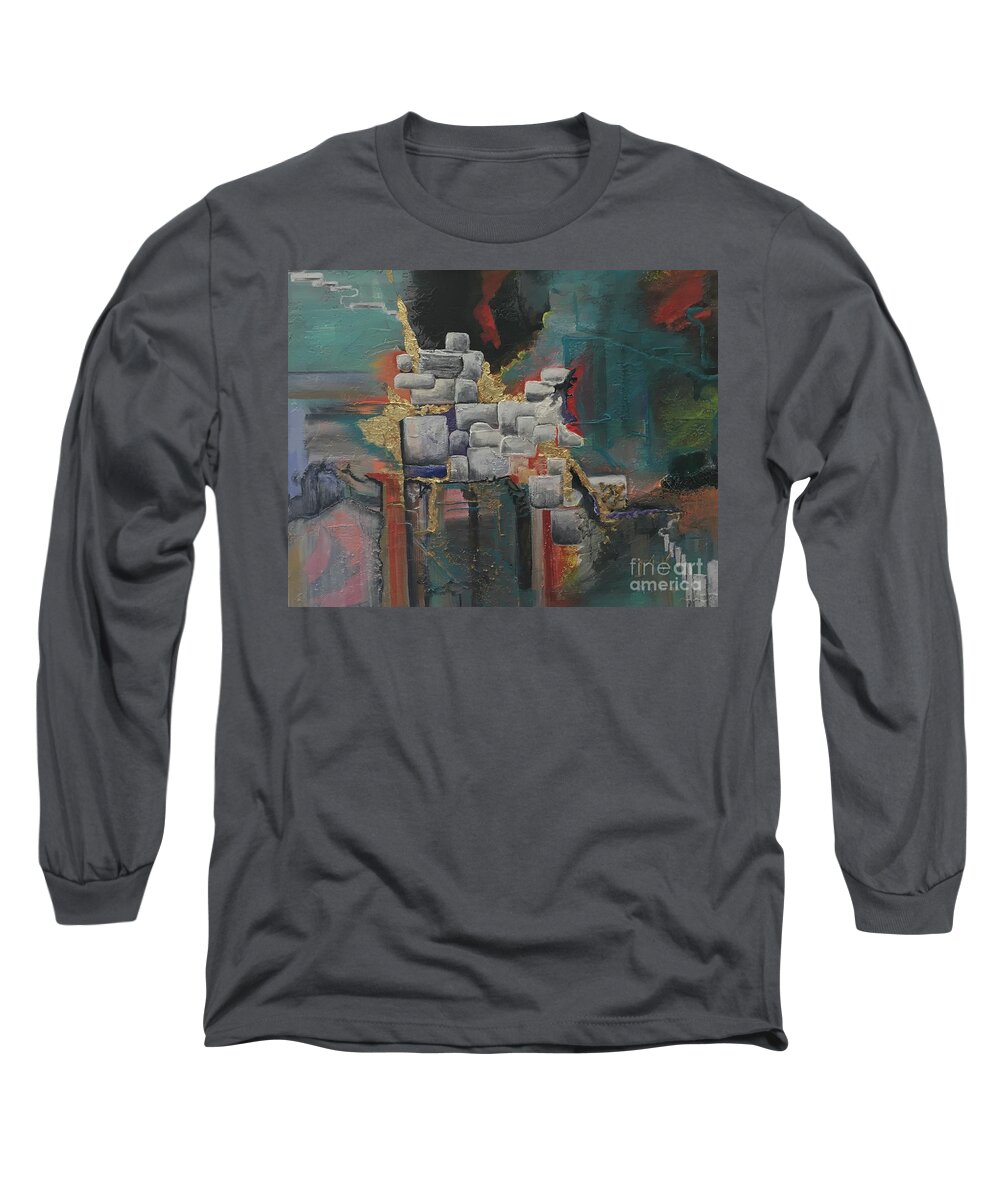 Original Painting Long Sleeve T-Shirt featuring the painting Gold flow by Maria Karlosak