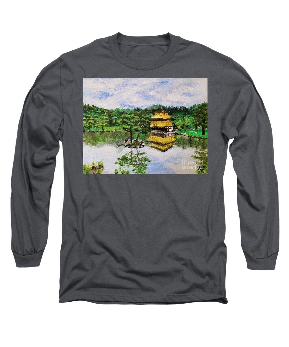 Japan Long Sleeve T-Shirt featuring the painting Golden Pavilion, Kyoto, Japan by C E Dill