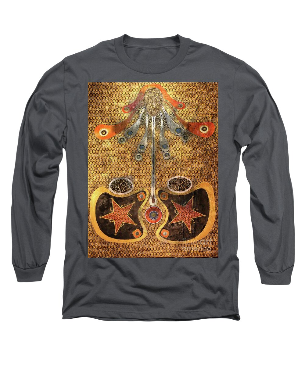 Abstract Long Sleeve T-Shirt featuring the painting Golden shores by Jolanta Anna Karolska