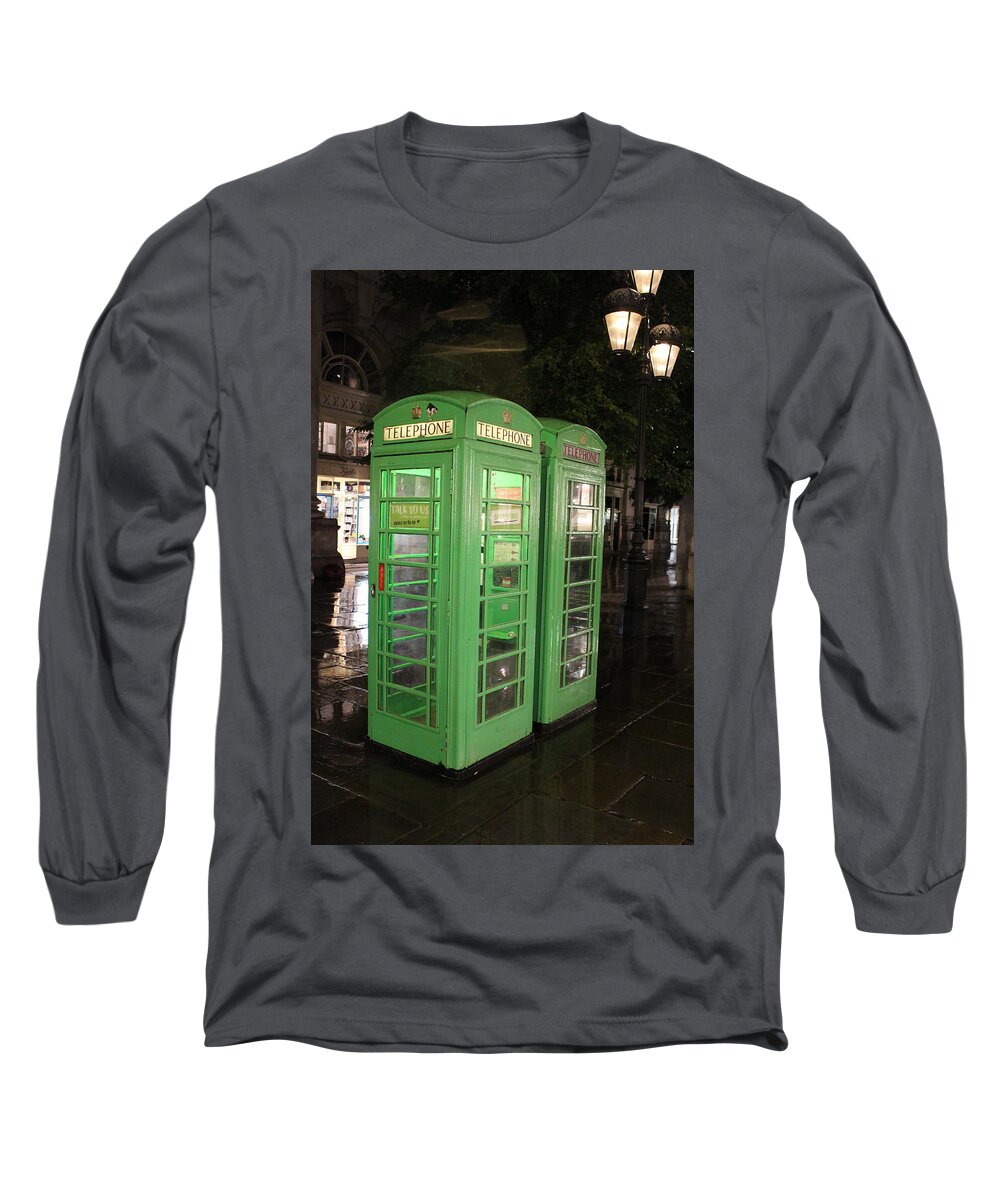 Telephone Long Sleeve T-Shirt featuring the photograph Green British Telephone Booths by Laura Smith