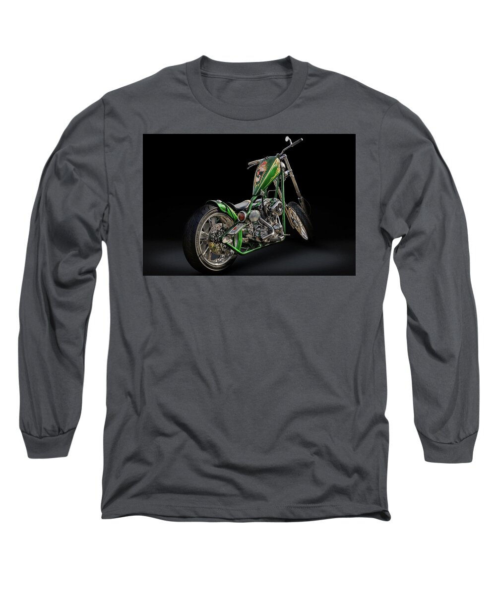 Harley Long Sleeve T-Shirt featuring the photograph Green/Gold Harley Chopper by Andy Romanoff