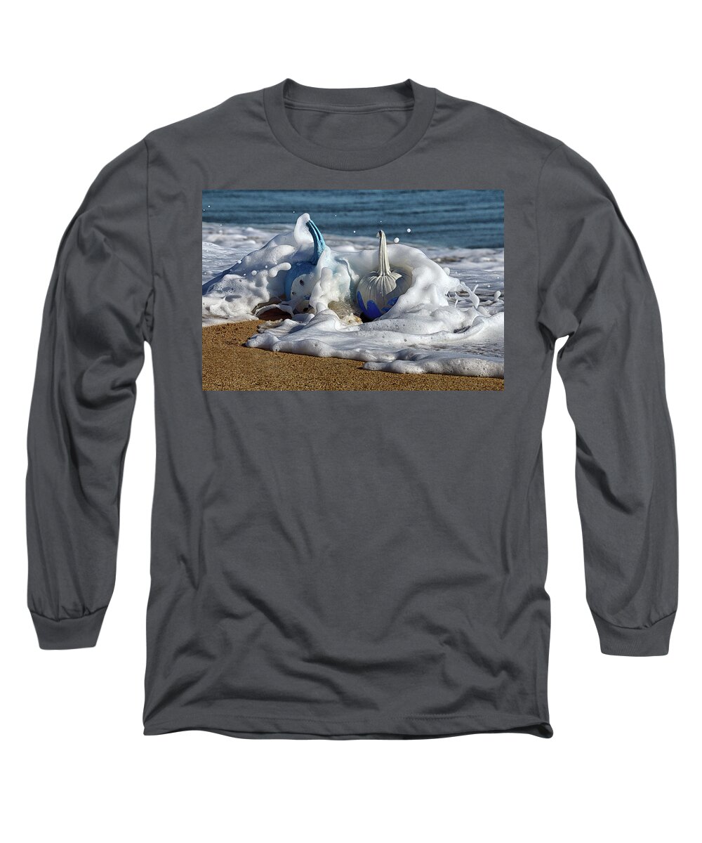 Halloween Pumpkin Long Sleeve T-Shirt featuring the photograph Halloween Blue and White Pumpkins in the Surf by Bill Swartwout