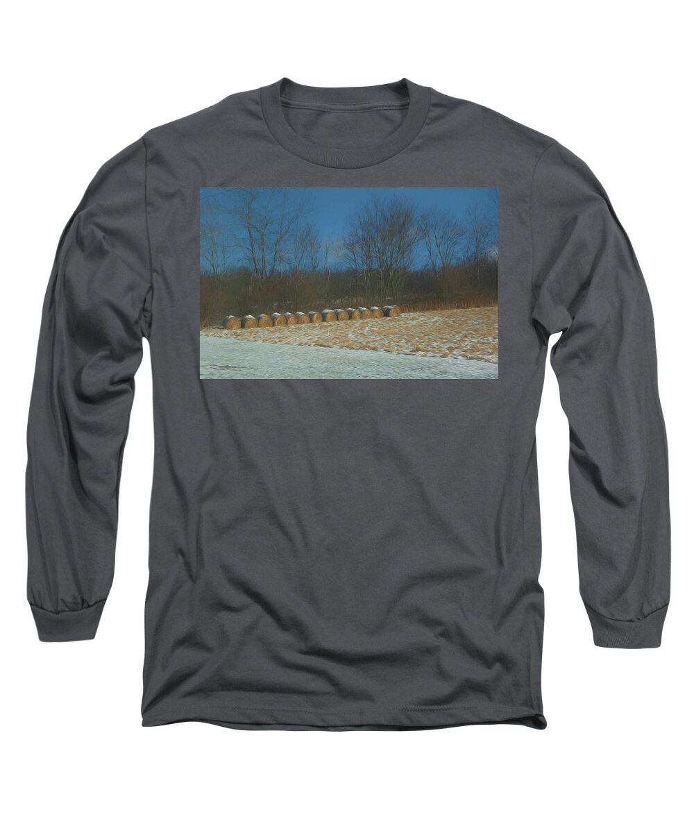 Hay Rolls Long Sleeve T-Shirt featuring the photograph Hay Rolls In Snow by Alan Goldberg