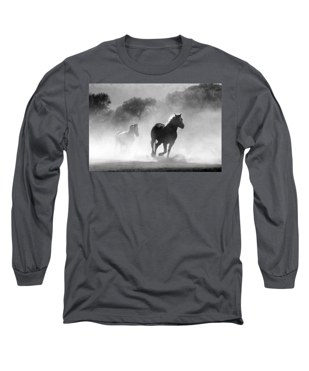 Photo Long Sleeve T-Shirt featuring the photograph Horses on the run by Top Wallpapers