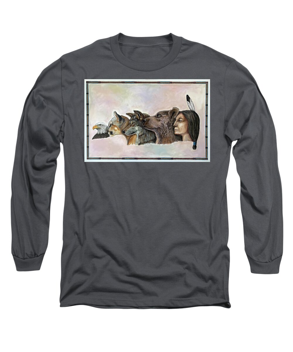 Native American Long Sleeve T-Shirt featuring the painting Hunter Warriors by Mr Dill