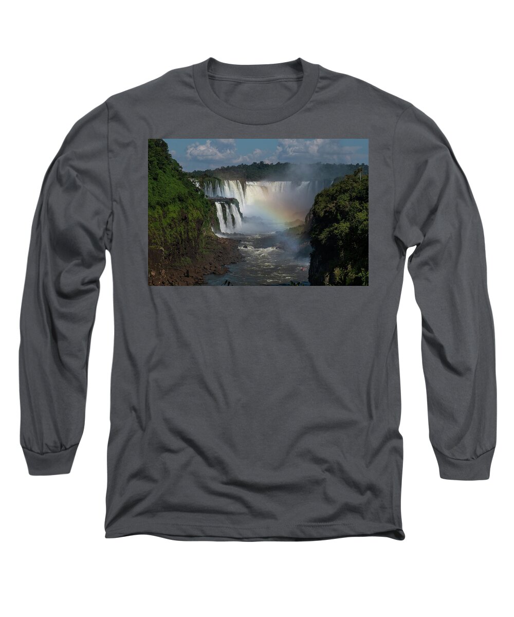 Iguazu Long Sleeve T-Shirt featuring the photograph Iguazu Falls with a Rainbow by Mark Hunter