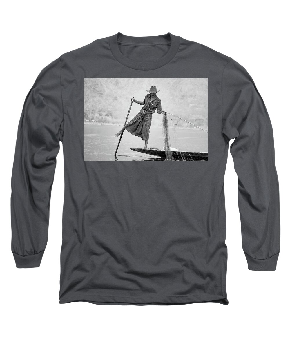 Black And White Photography Long Sleeve T-Shirt featuring the photograph Inle Lake Fisherman BYW by Mache Del Campo