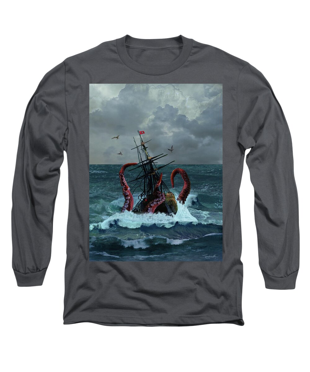 Seascape Long Sleeve T-Shirt featuring the digital art Kraken Sinks Folly Dodger by M Spadecaller