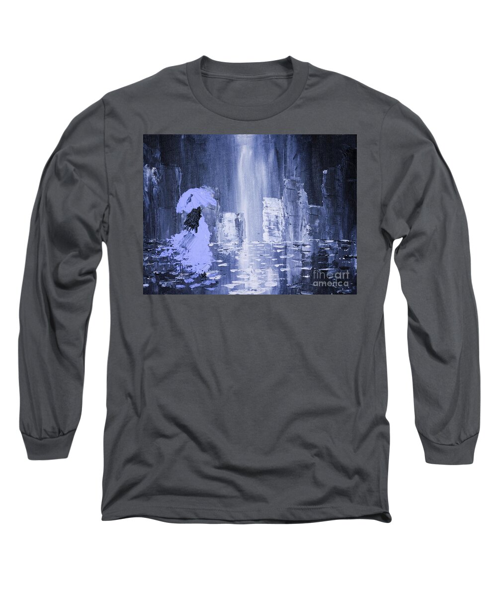 Lady Long Sleeve T-Shirt featuring the painting Lady In Rain by Bill Frische