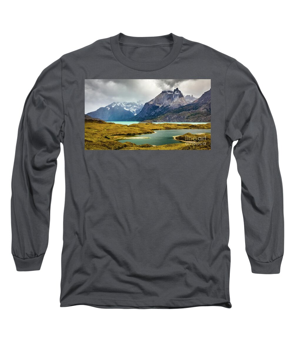 Mountain Long Sleeve T-Shirt featuring the photograph Laguna Larga, Lago Nordernskjoeld, Cuernos del Paine, Torres del Paine, Chile by Lyl Dil Creations