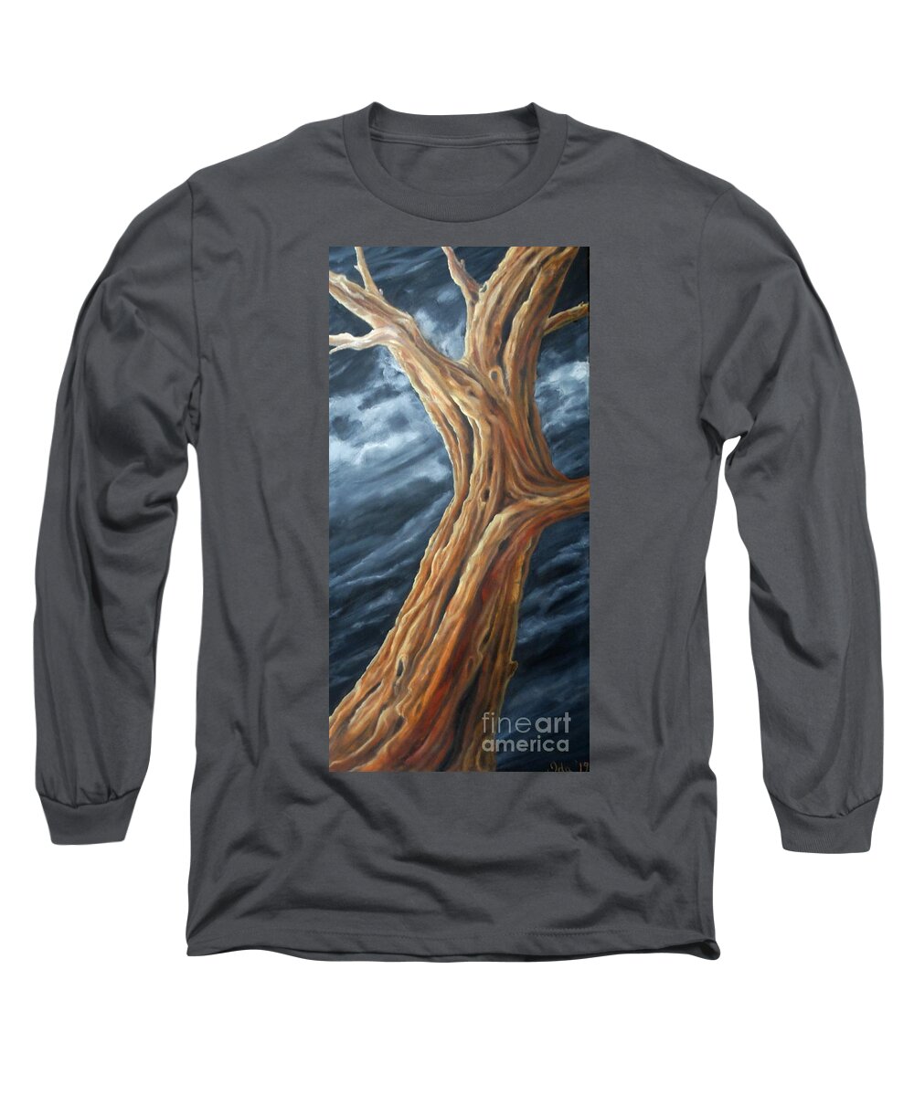 Tree Trunk Branches Landscape Dramatic Sky Clouds Dark Light Shadow Glow Highlight Knotholes Bark Blue White Yellow Brown Orange Long Sleeve T-Shirt featuring the painting Last Tree by Ida Eriksen