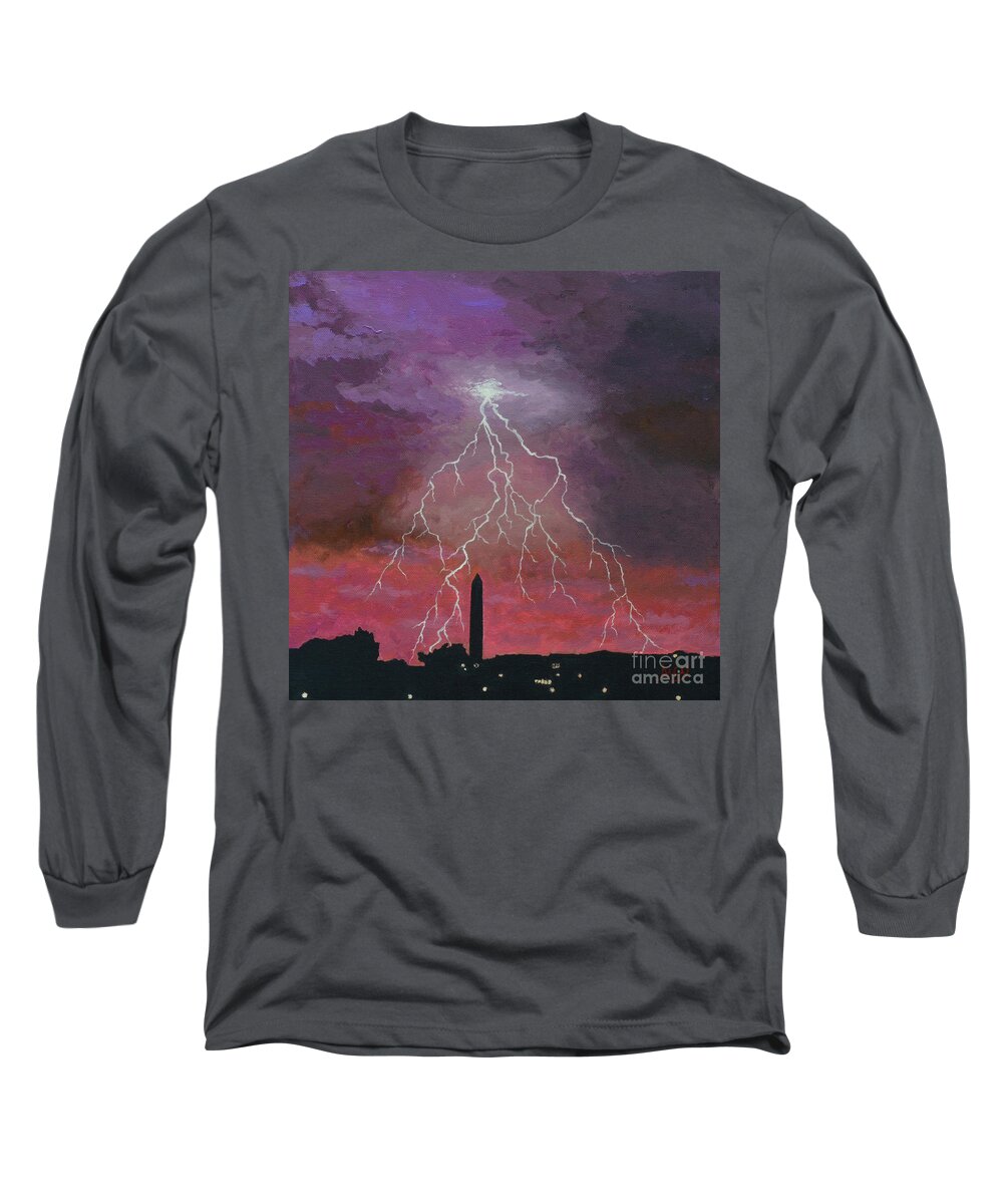 Lightning Long Sleeve T-Shirt featuring the painting Lightning over Washington DC by Aicy Karbstein