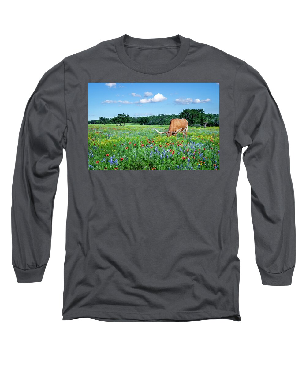 Texas Wildflowers Long Sleeve T-Shirt featuring the photograph Longhorn In Bluebonnets by Johnny Boyd