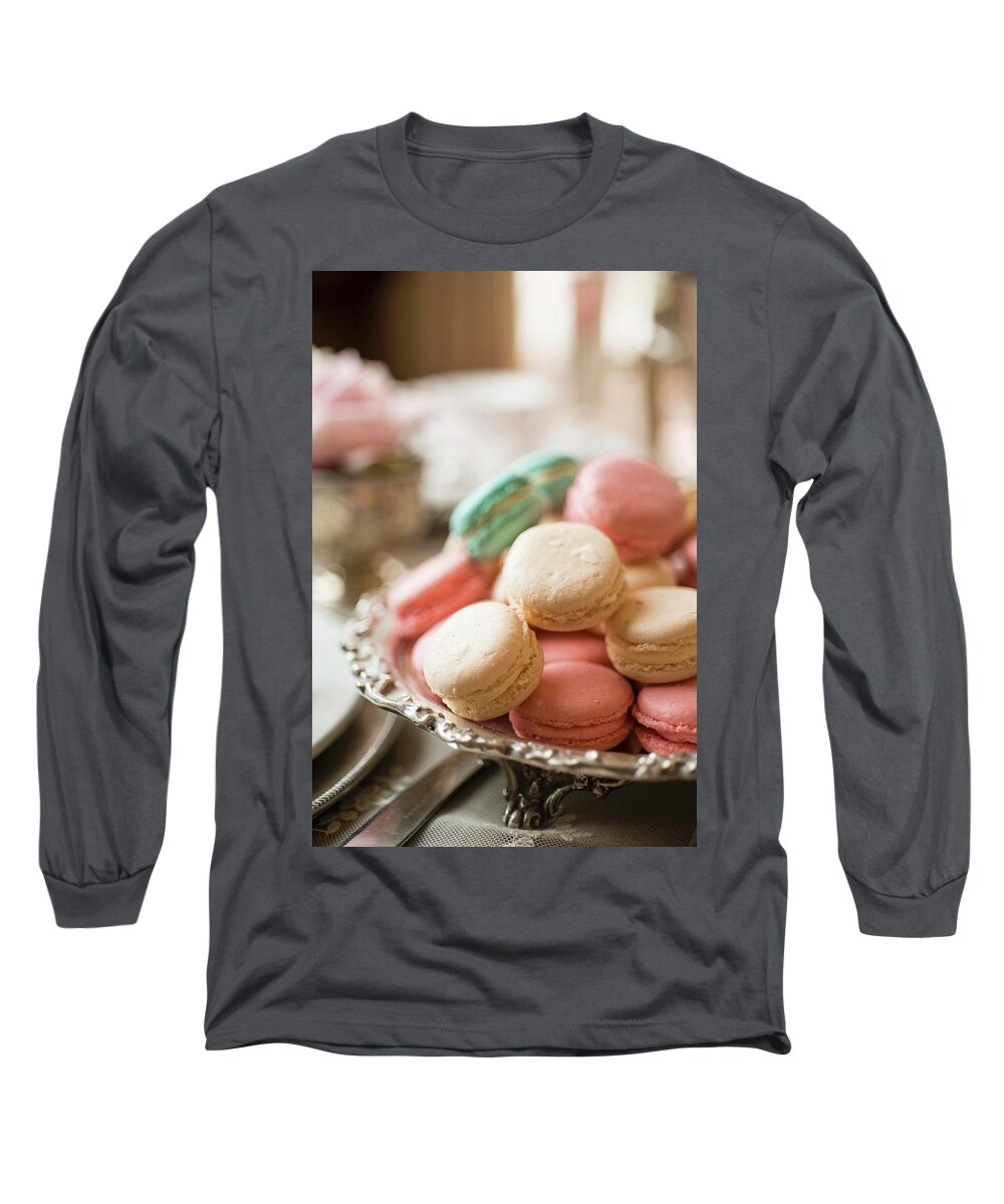 Ip_11421175 Long Sleeve T-Shirt featuring the photograph Macarons In A Silver Bowl For Afternoon Tea by Great Stock!