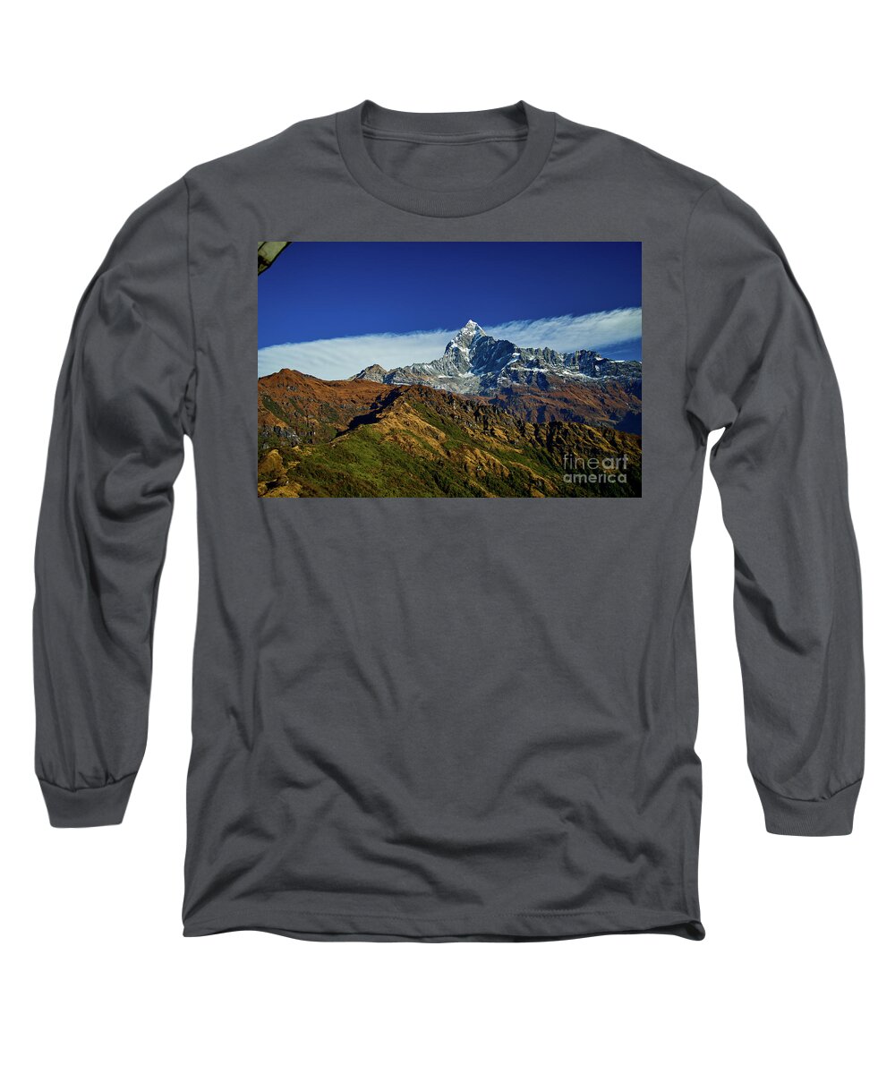 Himalaya Long Sleeve T-Shirt featuring the photograph Machapuchare mountain Fishtail in Himalayas range Nepal by Raimond Klavins