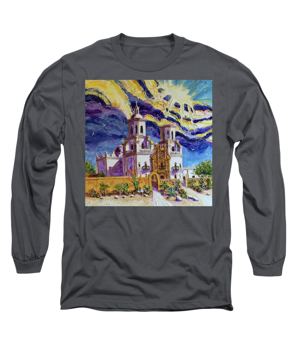 Mission Long Sleeve T-Shirt featuring the painting San Xavier Del Bac Mission Arizona by Paris Wyatt Llanso