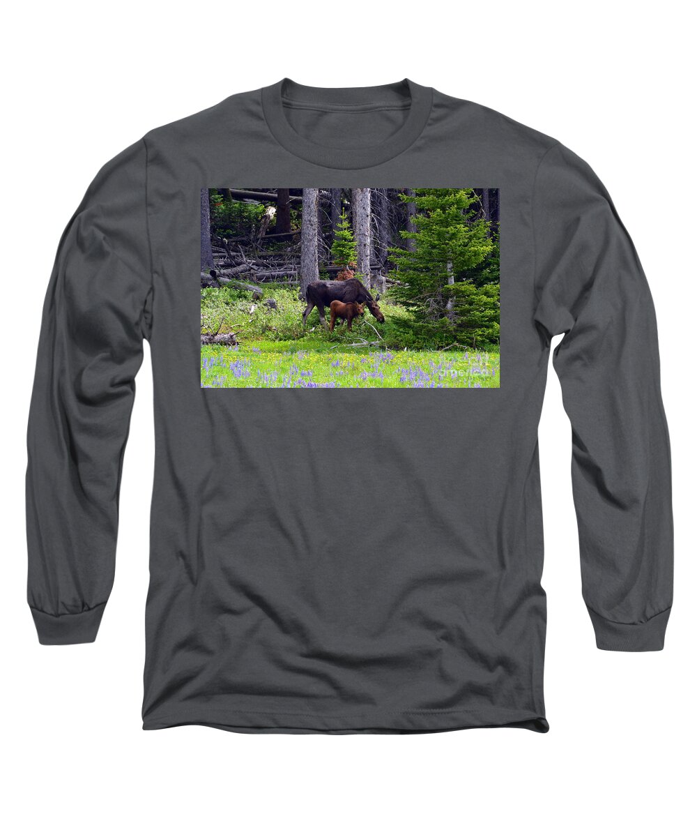 Moose Long Sleeve T-Shirt featuring the photograph Mom and Baby by Dorrene BrownButterfield