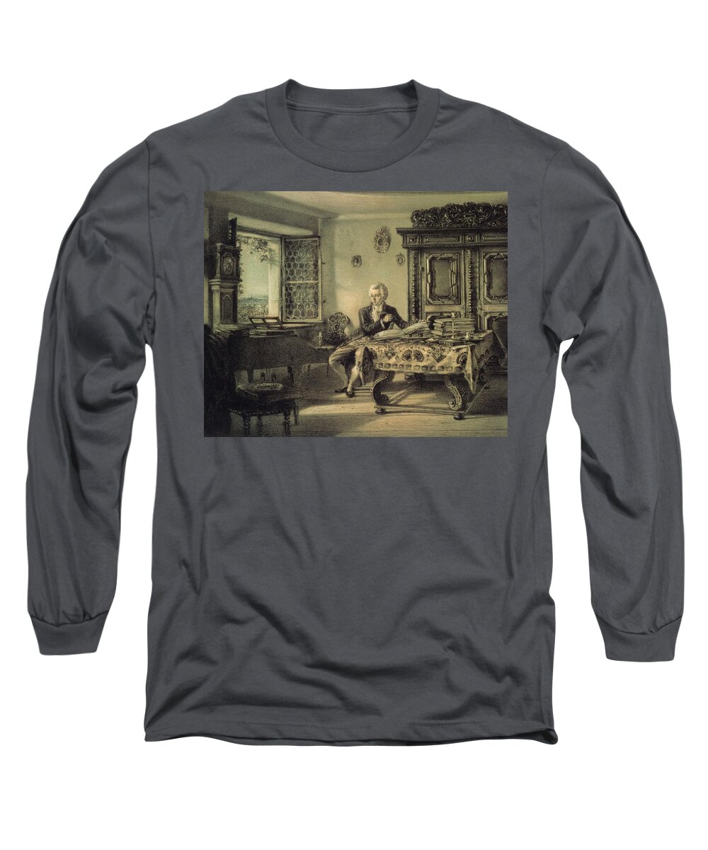 Johann Wolfgang Mozart Long Sleeve T-Shirt featuring the painting Mozart in his studio at Kahlenberg near Vienna, working on the 'Magic Flute'.-Lithograph by Rudol... by Album