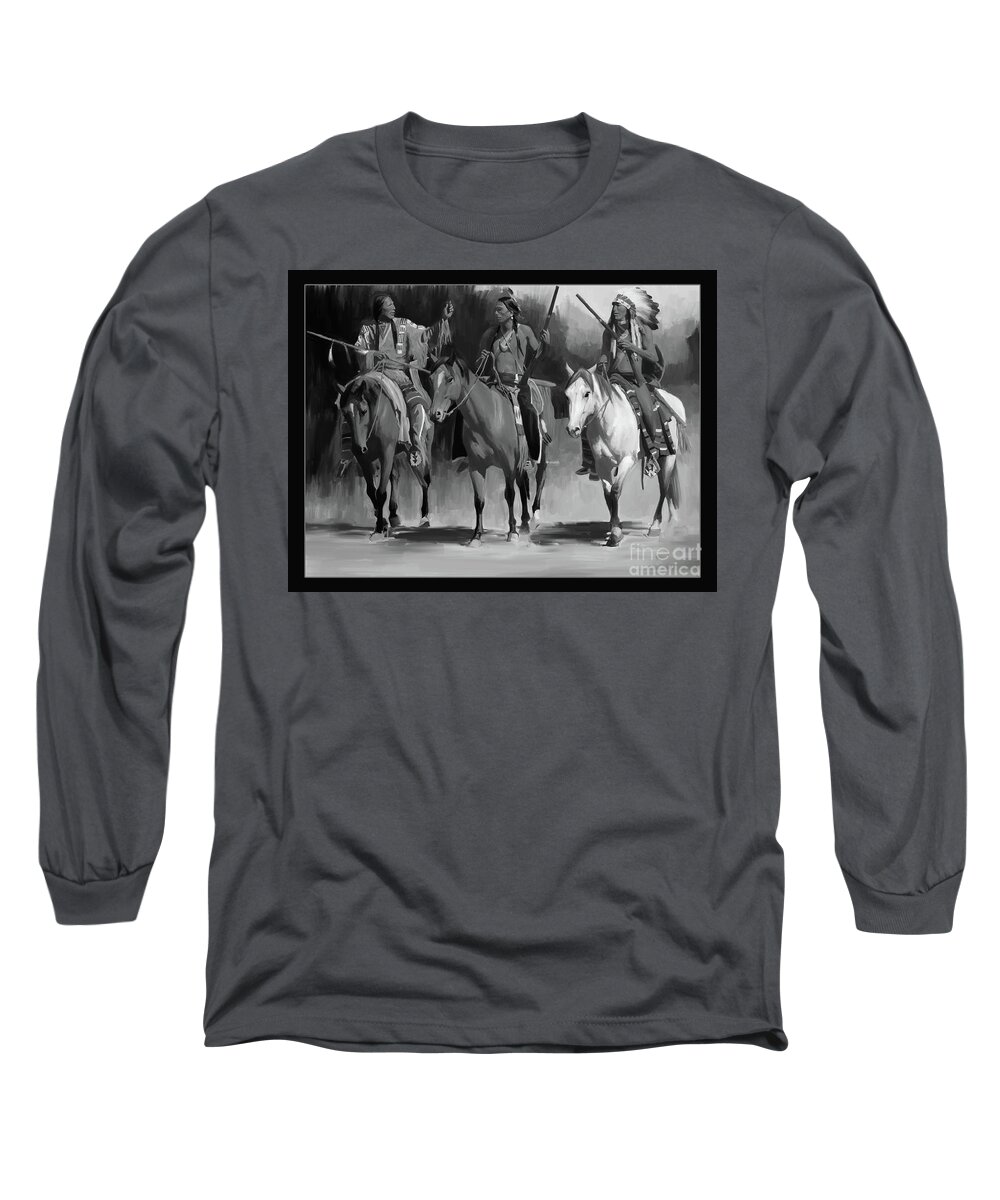 Native American Indian Long Sleeve T-Shirt featuring the painting Native American Black and White Portrait by Gull G