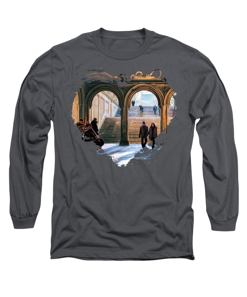 New York Long Sleeve T-Shirt featuring the painting New York City Central Park Bethesda Terrace Arcade by Christopher Arndt