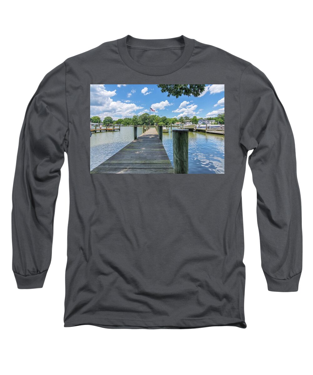 Landscape Long Sleeve T-Shirt featuring the photograph Old Glory on the Pier by Charles Kraus