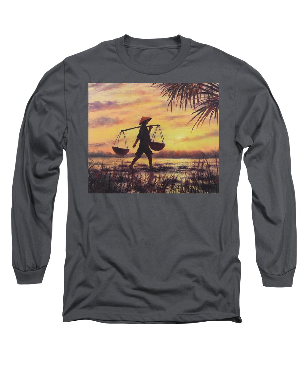 Oriental Theme Painting Long Sleeve T-Shirt featuring the painting Silent Passage by Lynne Pittard